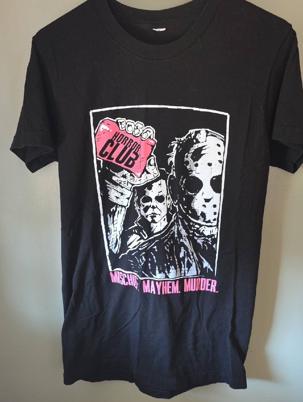 Black Horror Club Graphic T‑Shirt – Pink & White Print
